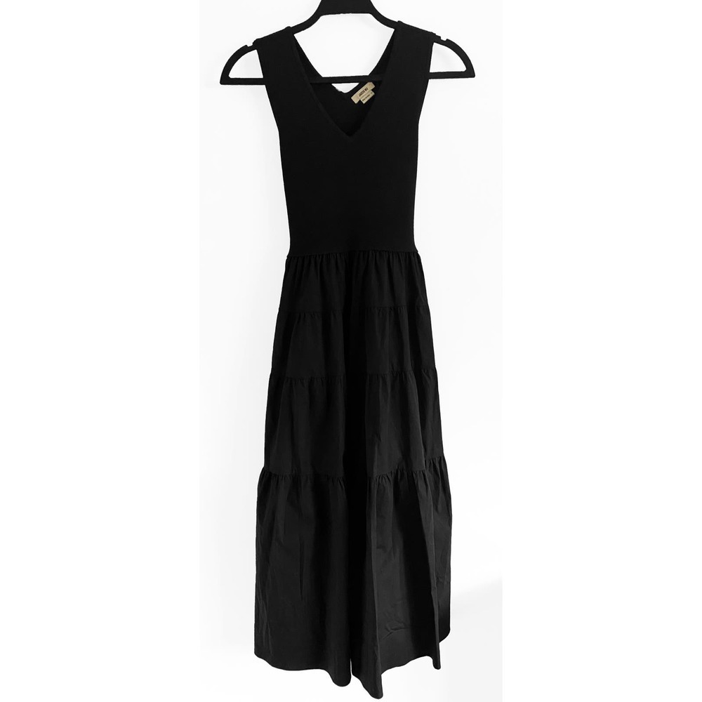 Jason Wu Women's Black V‎ Neck Knit Top Tiered Maxi Aline Lined Dress Waist Tie